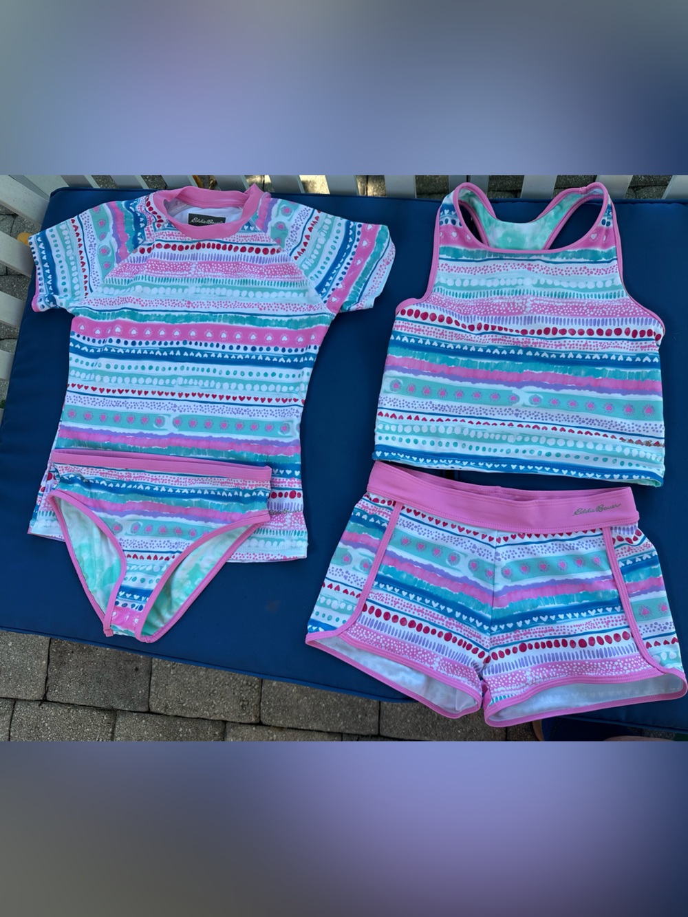 Eddie Bauer Girls 4-Piece Rash Guard Set - Pink, Teal & White Stripes Size 10-12